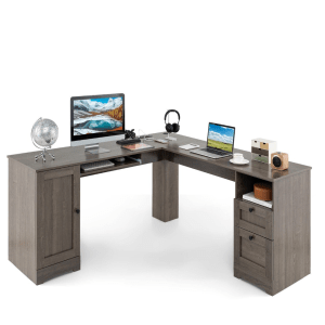 By GOFLAME 168 CM L-shaped Dark Wood Desk | Desk [w/Power Outlets-Grey]