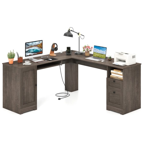By GOFLAME 168 CM L-shaped Dark Wood Desk | Desk [w/Power Outlets-Grey]
