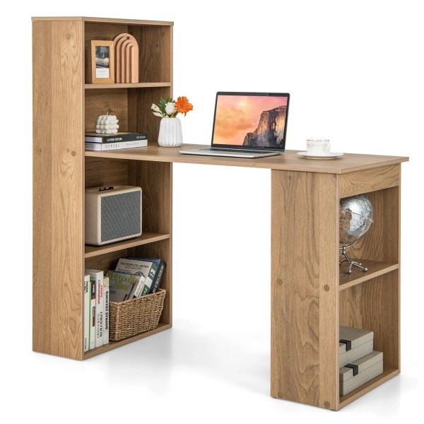 By GOFLAME Beach Wood Desk | Desk [w/ 6-Tier Shelves]